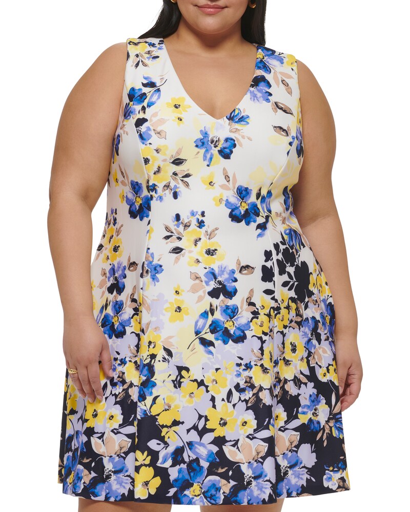 Vince Camuto | Floral-Print Fit-And-Flare Dress (Plus Size) Blue | Item ID-VEWM4334