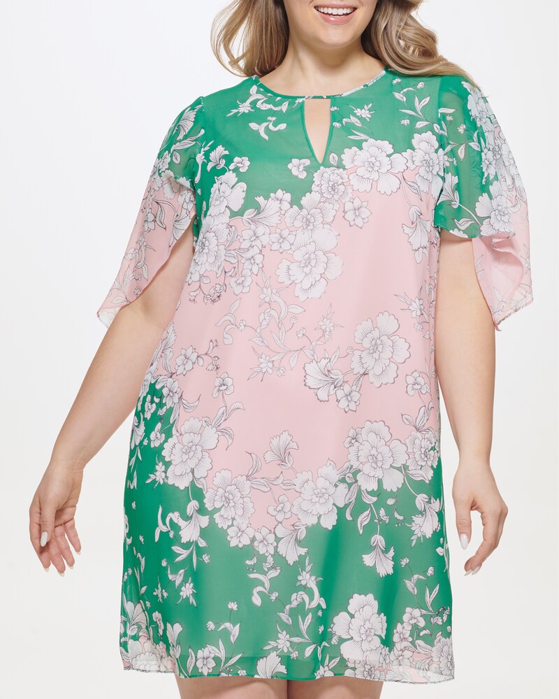 Vince Camuto | Floral-Print Colorblock Dress (Plus Size) Dark Green | Item ID-PNVV7821