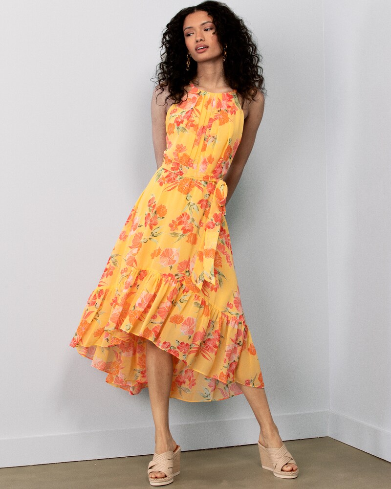 Vince Camuto | Floral-Print Hi-Lo Dress Yellow | Item ID-KMNF1127