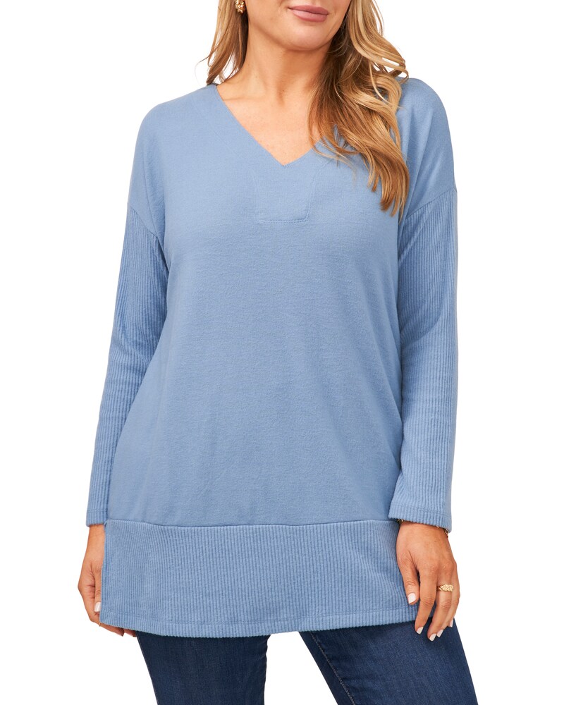 Vince Camuto | Ribbed V-Neck Top (Plus Size) Canyon Blue | Item ID-AACN9923