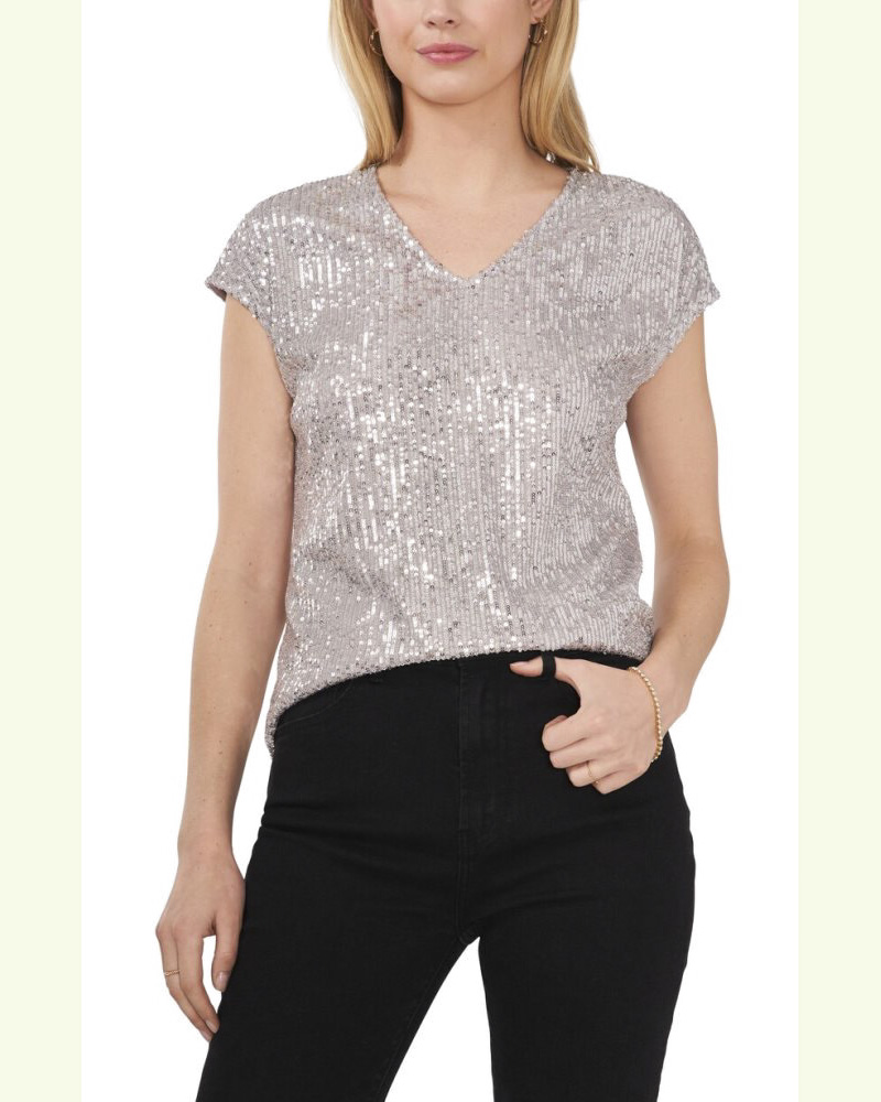 Vince Camuto | Sequined V-Neck Blouse Silver Metallic | Item ID-ZKPD9313