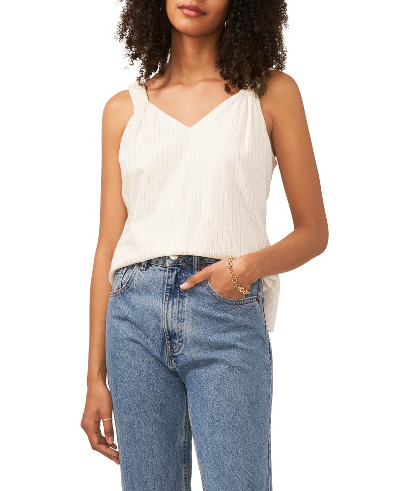 Vince Camuto | Striped Ruched-Strap Top Off White | Item ID-GTAK4992