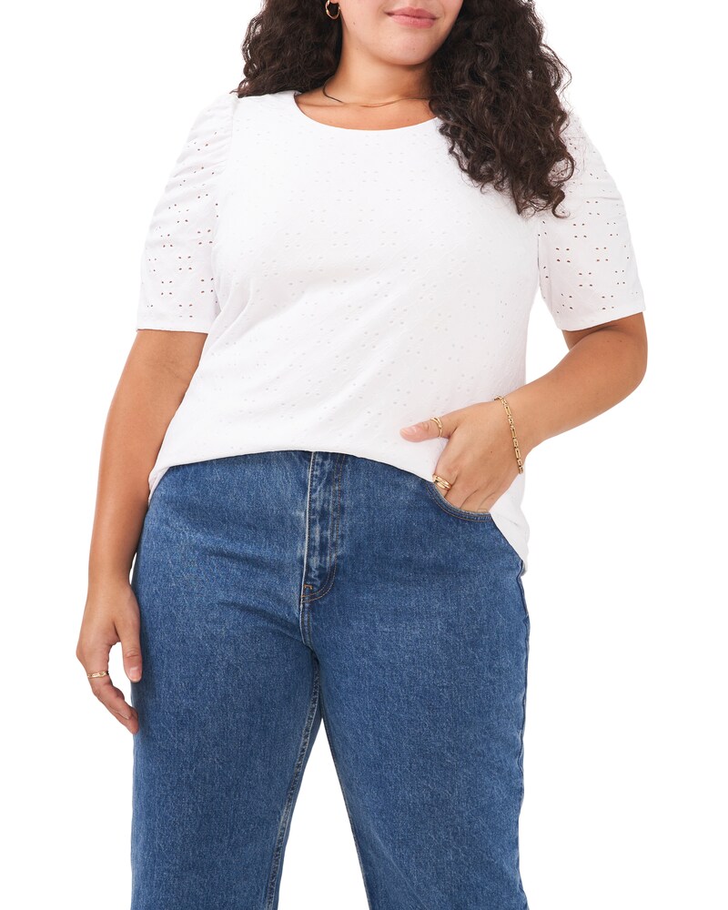 Vince Camuto | Ruched-Sleeve Eyelet Top (Plus Size) Off White | Item ID-QAWV4051