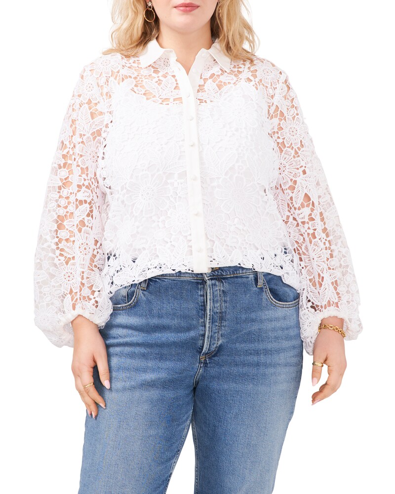 Vince Camuto | Floral-Lace Shirt (Plus Size) Ultra White | Item ID-HTWE2740
