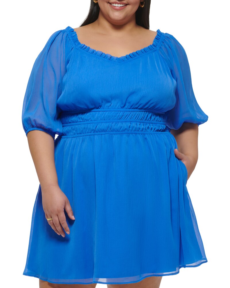 Vince Camuto | Chiffon Ruffled-Neckline Fit-And-Flare Dress(Plus Size) Periwinkle | Item ID-ZEPZ0108