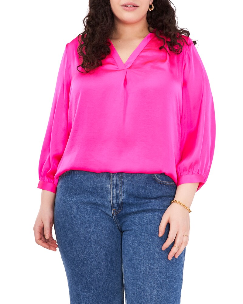 Vince Camuto | V-Neck Inverted-Pleat Top (Plus Size) Hot Pink | Item ID-TNZG6514