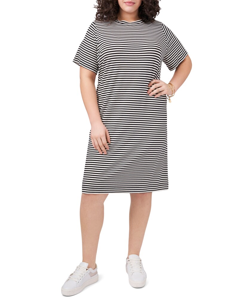 Vince Camuto | Stripe-Print T-Shirt Dress (Plus Size) New Ivory | Item ID-IDFQ3141