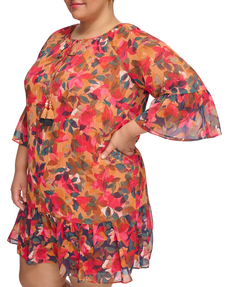 Vince Camuto | Floral-Print Chiffon Ruffled Dress(Plus Size) Rust | Item ID-CPJU6994