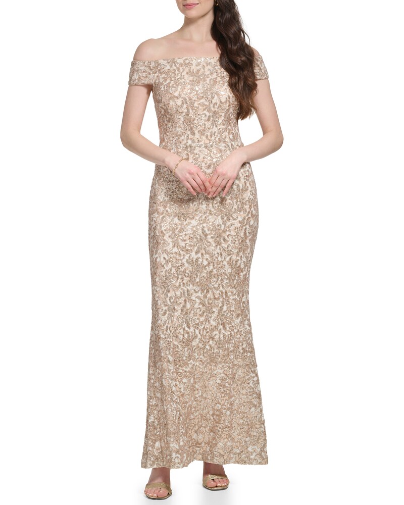 Vince Camuto | Sequined-Lace Off-The-Shoulder Gown (Petite) Sand | Item ID-CWQC8937