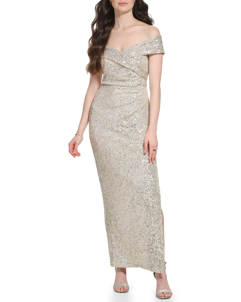 Vince Camuto | Sequined Off-The-Shoulder Gown Silver Metallic | Item ID-RAKM2826