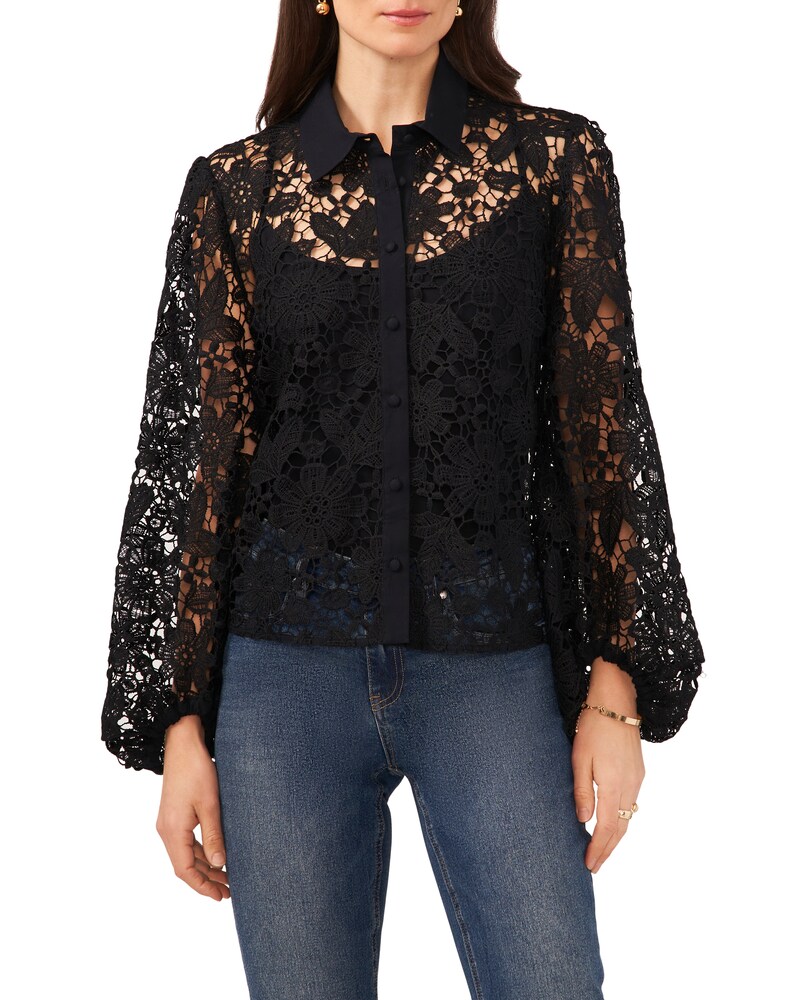 Vince Camuto | Floral-Lace Shirt Rich Black | Item ID-HYNH2719