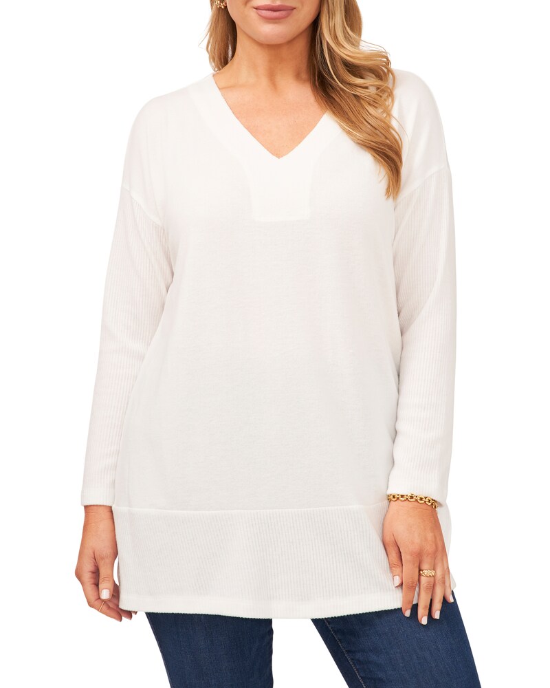 Vince Camuto | Ribbed V-Neck Top (Plus Size) New Ivory | Item ID-VCBA1801