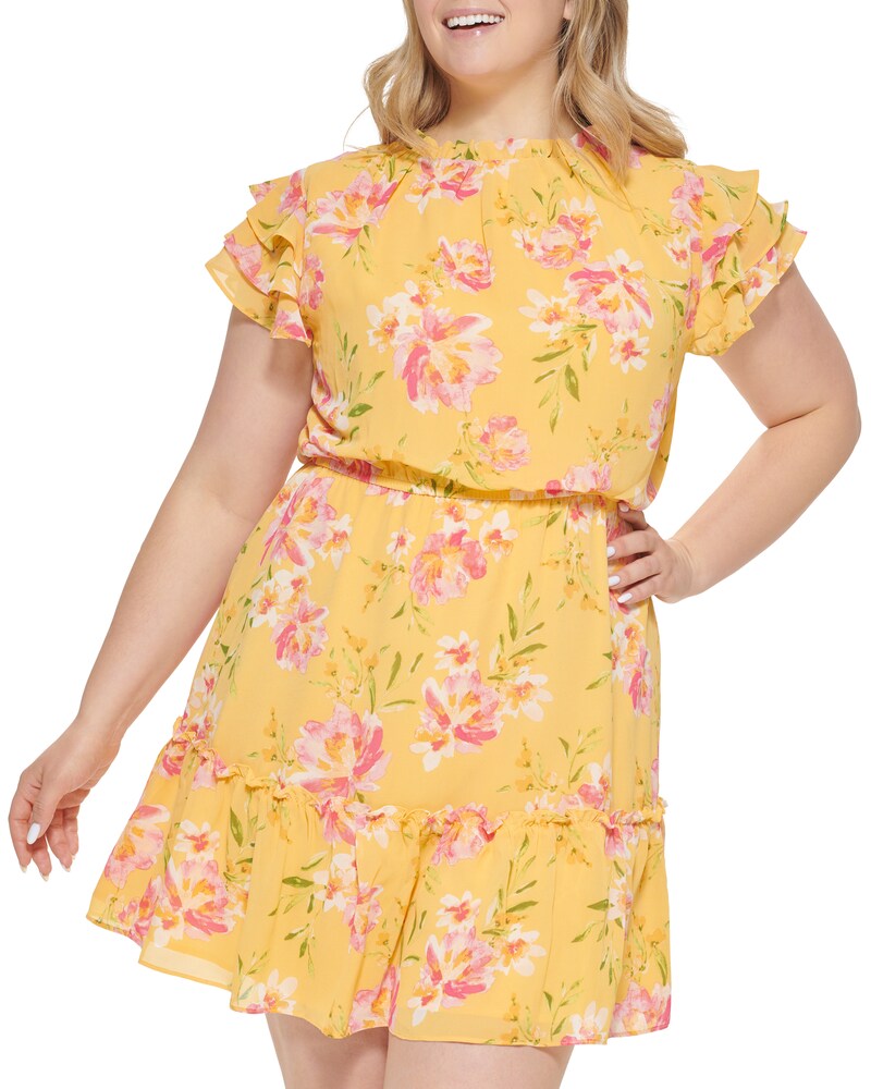 Vince Camuto | Floral-Print Ruffled Dress (Plus Size) Yellow | Item ID-VTCG4828
